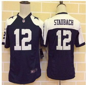 Youth New Dallas Cowboys #12 Roger Staubach Navy Blue Thanksgiving Throwback Stitched NFL Elite Jersey