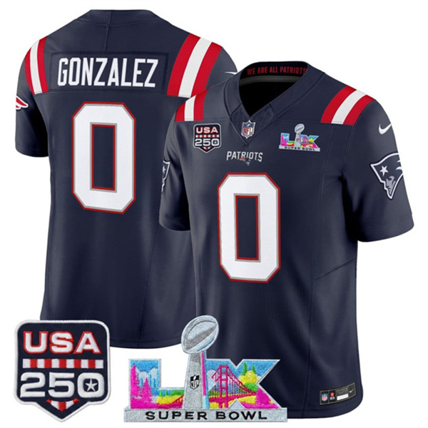 Youth New England Patriots #0 Christian Gonzalez Navy 2025 F.U.S.E. Super Bowl LX Patch And USA 250' Patch Vapor Limited Stitched Football Jersey Youth New England Patriots #0 Christian Gonzalez Navy 2025 F.U.S.E. Super Bowl LX Patch And USA 250' Patch Vapor Limited Stitched Football Jersey