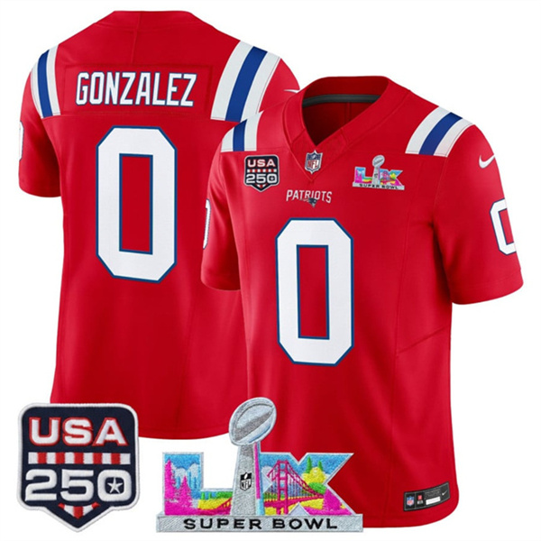Youth New England Patriots #0 Christian Gonzalez Red 2025 F.U.S.E. Super Bowl LX Patch And USA 250' Patch Vapor Limited Stitched Football Jersey Youth New England Patriots #0 Christian Gonzalez Red 2025 F.U.S.E. Super Bowl LX Patch And USA 250' Patch Vapor Limited Stitched Football Jersey