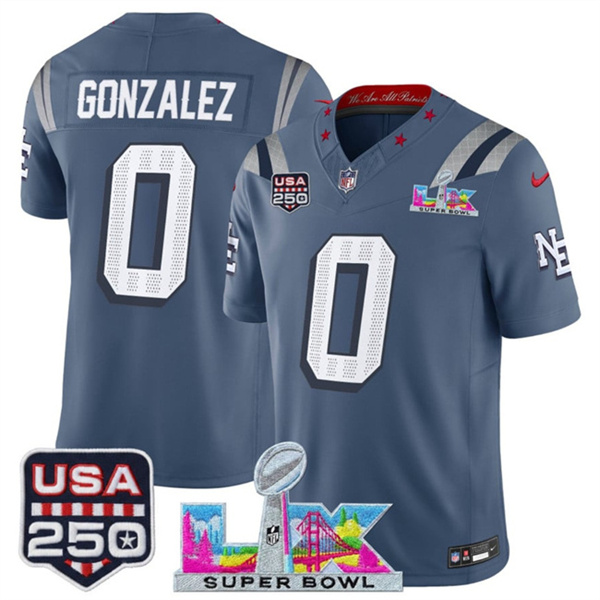 Youth New England Patriots #0 Christian Gonzalez Storm Blue 2025 F.U.S.E. Super Bowl LX & USA 250' Patch “Rivalries” Vapor Limited Stitched Football Jersey Youth New England Patriots #0 Christian Gonzalez Storm Blue 2025 F.U.S.E. Super Bowl LX & USA 250' Patch “Rivalries” Vapor Limited Stitched Football Jersey