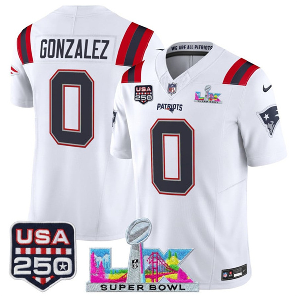 Youth New England Patriots #0 Christian Gonzalez White 2025 F.U.S.E. Super Bowl LX Patch And USA 250' Patch Vapor Limited Stitched Football Jersey Youth New England Patriots #0 Christian Gonzalez White 2025 F.U.S.E. Super Bowl LX Patch And USA 250' Patch Vapor Limited Stitched Football Jersey