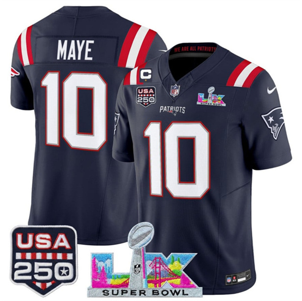 Youth New England Patriots #10 Drake Maye Navy 2025 F.U.S.E. 1-Star C Patch And Super Bowl LX Patch & USA 250' Patch Vapor Limited Stitched Football Jersey Youth New England Patriots #10 Drake Maye Navy 2025 F.U.S.E. 1-Star C Patch And Super Bowl LX Patch & USA 250' Patch Vapor Limited Stitched Football Jersey