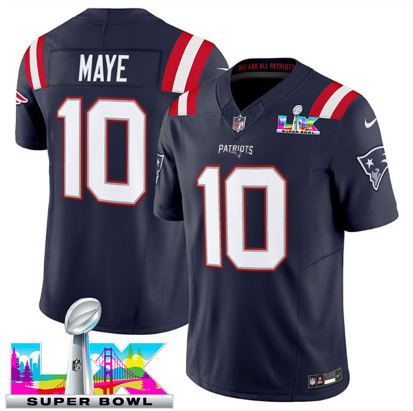 Youth New England Patriots #10 Drake Maye Navy 2025 F.U.S.E. Super Bowl LX Patch Vapor Limited Stitched Football Jersey Youth New England Patriots #10 Drake Maye Navy 2025 F.U.S.E. Super Bowl LX Patch Vapor Limited Stitched Football Jersey