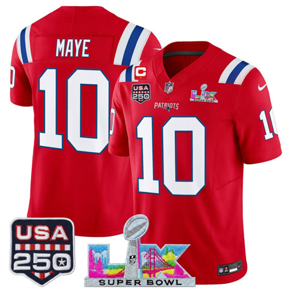 Youth New England Patriots #10 Drake Maye Red 2025 F.U.S.E. 1-Star C Patch And Super Bowl LX Patch & USA 250' Patch Vapor Limited Stitched Football Jersey Youth New England Patriots #10 Drake Maye Red 2025 F.U.S.E. 1-Star C Patch And Super Bowl LX Patch & USA 250' Patch Vapor Limited Stitched Football Jersey