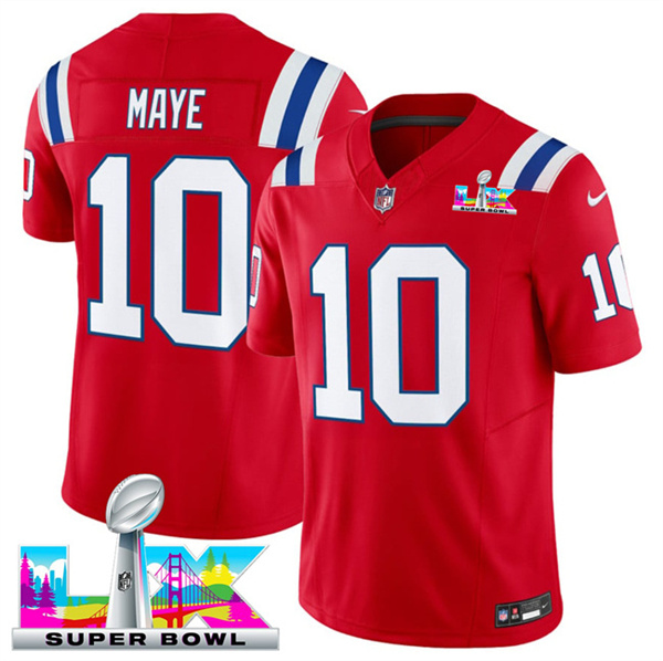 Youth New England Patriots #10 Drake Maye Red 2025 F.U.S.E. Super Bowl LX Patch Vapor Limited Stitched Football Jersey Youth New England Patriots #10 Drake Maye Red 2025 F.U.S.E. Super Bowl LX Patch Vapor Limited Stitched Football Jersey