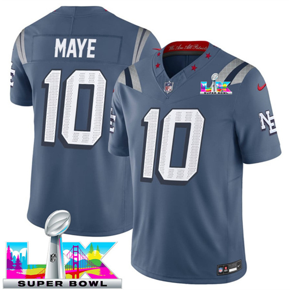 Youth New England Patriots #10 Drake Maye Storm Blue 2025 F.U.S.E. Super Bowl LX Patch “Rivalries” Vapor Limited Stitched Football Jersey Youth New England Patriots #10 Drake Maye Storm Blue 2025 F.U.S.E. Super Bowl LX Patch “Rivalries” Vapor Limited Stitched Football Jersey