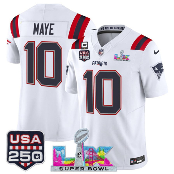 Youth New England Patriots #10 Drake Maye White 2025 F.U.S.E. 1-Star C Patch And Super Bowl LX Patch & USA 250' Patch Vapor Limited Stitched Football Jersey Youth New England Patriots #10 Drake Maye White 2025 F.U.S.E. 1-Star C Patch And Super Bowl LX Patch & USA 250' Patch Vapor Limited Stitched Football Jersey