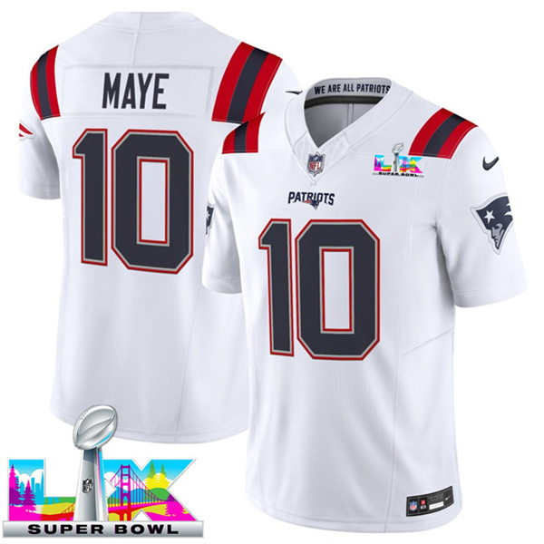 Youth New England Patriots #10 Drake Maye White 2025 F.U.S.E. Super Bowl LX Patch Vapor Limited Stitched Football Jersey Youth New England Patriots #10 Drake Maye White 2025 F.U.S.E. Super Bowl LX Patch Vapor Limited Stitched Football Jersey