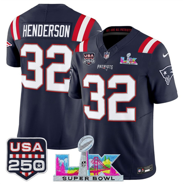 Youth New England Patriots #32 TreVeyon Henderson Navy 2025 F.U.S.E. Super Bowl LX & USA 250' Patch Vapor Limited Stitched Football Jersey Youth New England Patriots #32 TreVeyon Henderson Navy 2025 F.U.S.E. Super Bowl LX & USA 250' Patch Vapor Limited Stitched Football Jersey