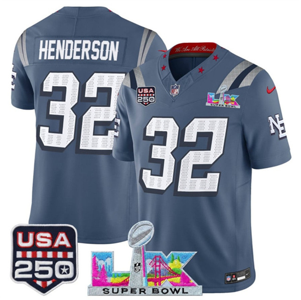 Youth New England Patriots #32 TreVeyon Henderson Storm Blue 2025 F.U.S.E. Super Bowl LX & USA 250' Patch “Rivalries” Vapor Limited Stitched Football Jersey Youth New England Patriots #32 TreVeyon Henderson Storm Blue 2025 F.U.S.E. Super Bowl LX & USA 250' Patch “Rivalries” Vapor Limited Stitched Football Jersey