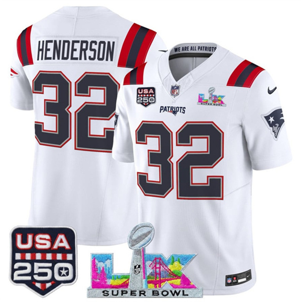 Youth New England Patriots #32 TreVeyon Henderson White 2025 F.U.S.E. Super Bowl LX & USA 250' Patch Vapor Limited Stitched Football Jersey Youth New England Patriots #32 TreVeyon Henderson White 2025 F.U.S.E. Super Bowl LX & USA 250' Patch Vapor Limited Stitched Football Jersey