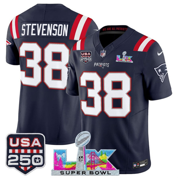 Youth New England Patriots #38 Rhamondre Stevenson Navy 2025 F.U.S.E. Super Bowl LX Patch And USA 250' Patch Vapor Limited Stitched Football Jersey Youth New England Patriots #38 Rhamondre Stevenson Navy 2025 F.U.S.E. Super Bowl LX Patch And USA 250' Patch Vapor Limited Stitched Football Jersey