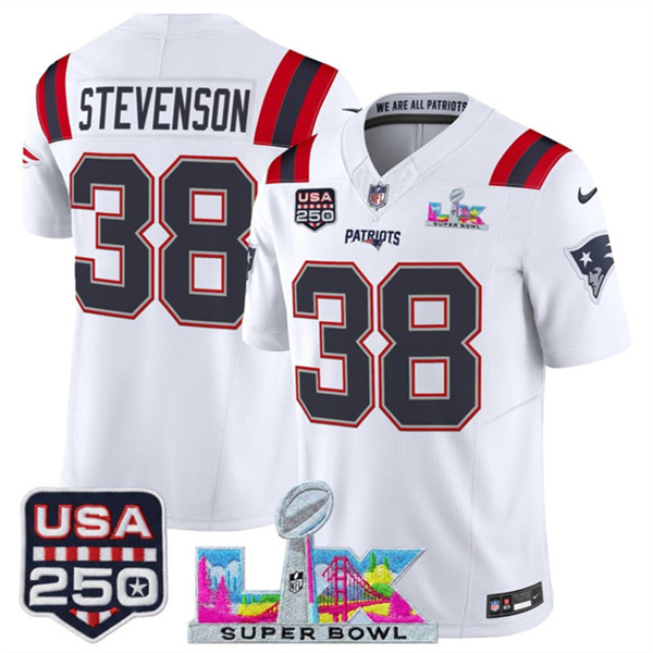Youth New England Patriots #38 Rhamondre Stevenson White 2025 F.U.S.E. Super Bowl LX Patch And USA 250' Patch Vapor Limited Stitched Football Jersey Youth New England Patriots #38 Rhamondre Stevenson White 2025 F.U.S.E. Super Bowl LX Patch And USA 250' Patch Vapor Limited Stitched Football Jersey