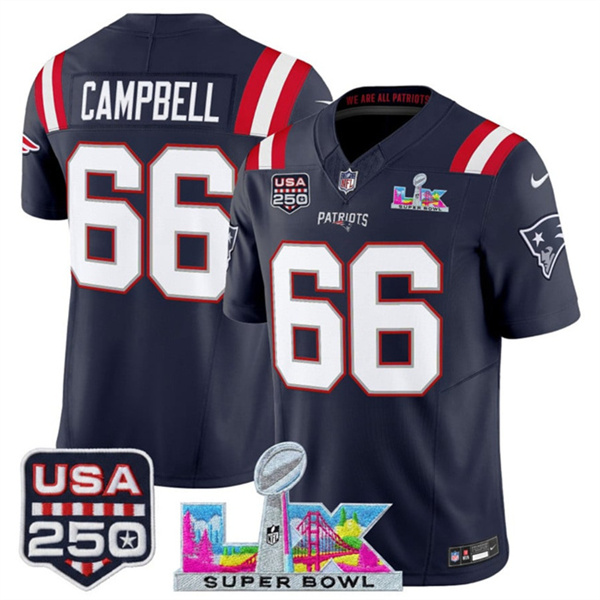 Youth New England Patriots #66 Will Campbell Navy 2025 F.U.S.E. Super Bowl LX Patch And USA 250' Patch Vapor Limited Stitched Football Jersey Youth New England Patriots #66 Will Campbell Navy 2025 F.U.S.E. Super Bowl LX Patch And USA 250' Patch Vapor Limited Stitched Football Jersey