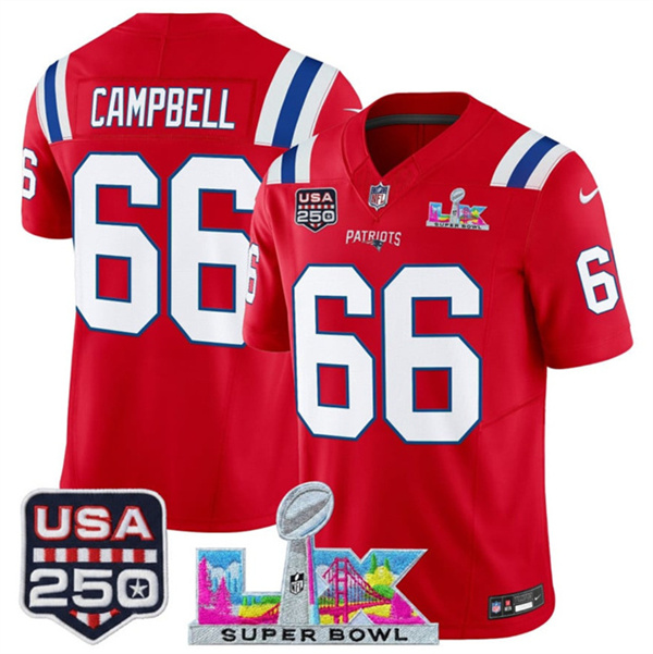 Youth New England Patriots #66 Will Campbell Red 2025 F.U.S.E. Super Bowl LX Patch And USA 250' Patch Vapor Limited Stitched Football Jersey Youth New England Patriots #66 Will Campbell Red 2025 F.U.S.E. Super Bowl LX Patch And USA 250' Patch Vapor Limited Stitched Football Jersey
