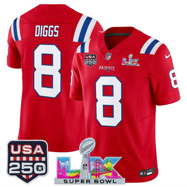 Youth New England Patriots #8 Stefon Diggs Red 2025 F.U.S.E. Super Bowl LX & USA 250' Patch Vapor Limited Stitched Football Jersey Youth New England Patriots #8 Stefon Diggs Red 2025 F.U.S.E. Super Bowl LX & USA 250' Patch Vapor Limited Stitched Football Jersey