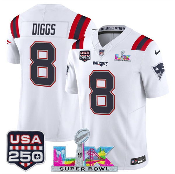Youth New England Patriots #8 Stefon Diggs White 2025 F.U.S.E. Super Bowl LX & USA 250' Patch Vapor Limited Stitched Football Jersey Youth New England Patriots #8 Stefon Diggs White 2025 F.U.S.E. Super Bowl LX & USA 250' Patch Vapor Limited Stitched Football Jersey