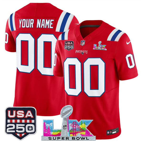 Youth New England Patriots Active Player Custom Red 2025 F.U.S.E. Super Bowl LX & USA 250' Patch Vapor Limited Stitched Football Jersey Youth New England Patriots Active Player Custom Red 2025 F.U.S.E. Super Bowl LX & USA 250' Patch Vapor Limited Stitched Football Jersey
