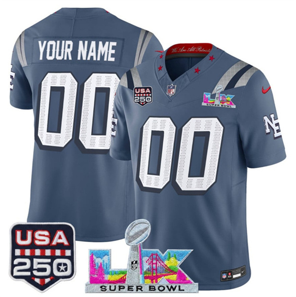 Youth New England Patriots Active Player Custom Storm Blue 2025 F.U.S.E. Super Bowl LX & USA 250' Patch “Rivalries” Vapor Limited Stitched Football Jersey Youth New England Patriots Active Player Custom Storm Blue 2025 F.U.S.E. Super Bowl LX & USA 250' Patch “Rivalries” Vapor Limited Stitched Football Jersey