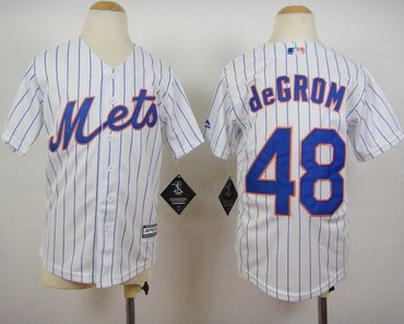 Youth New York Mets #48 Jacob DeGrom White(Blue Strip) Home Cool Base Stitched Baseball Jersey