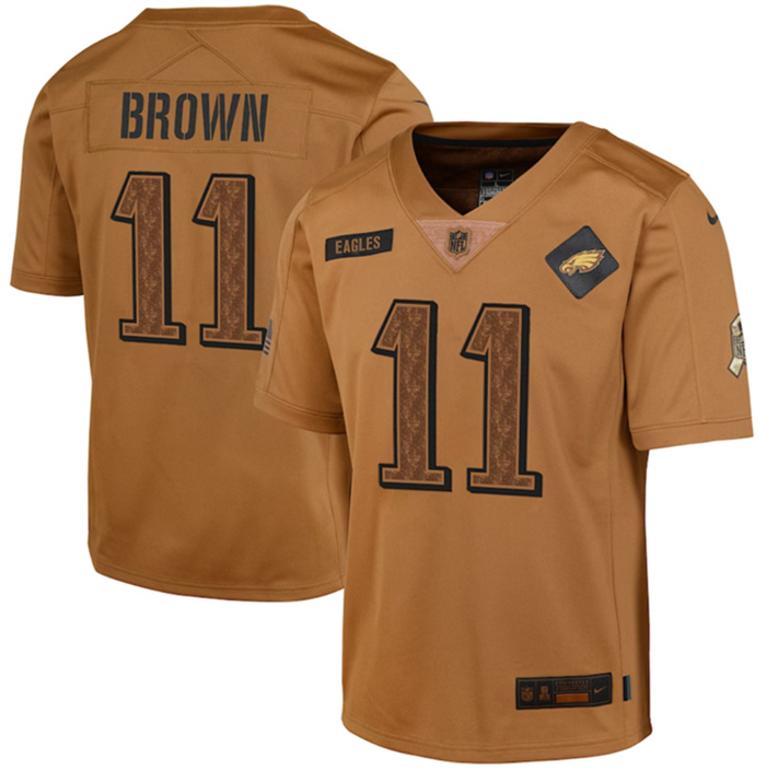 Youth Philadelphia Eagles #11 A. J. Brown 2023 Brown Salute To Service Limited Stitched Football Jersey Youth Philadelphia Eagles #11 A. J. Brown 2023 Brown Salute To Service Limited Stitched Football Jersey