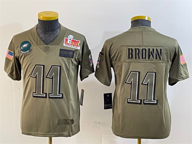 Youth Philadelphia Eagles #11 A.J. Brown Olive 2025 Super Bowl LIX Patch Salute To Service Vapor Untouchable Limited Stitched Football Jersey Youth Philadelphia Eagles #11 A.J. Brown Olive 2025 Super Bowl LIX Patch Salute To Service Vapor Untouchable Limited Stitched Football Jersey
