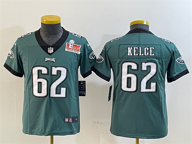 Youth Philadelphia Eagles #62 Jason Kelce Green 2025 Super Bowl LIX Patch Vapor Untouchable Limited Stitched Football Jersey Youth Philadelphia Eagles #62 Jason Kelce Green 2025 Super Bowl LIX Patch Vapor Untouchable Limited Stitched Football Jersey