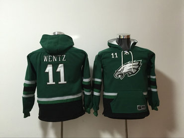Youth Philadelphia Eagles 11 Carson Wentz Green Youth All Stitched Hooded Sweatshirt Youth Philadelphia Eagles 11 Carson Wentz Green Youth All Stitched Hooded Sweatshirt