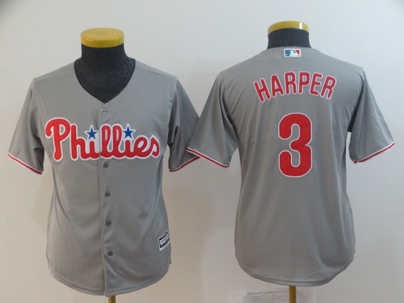 Youth Phillies 3 Bryce Harper Gray Youth Cool Base Jersey