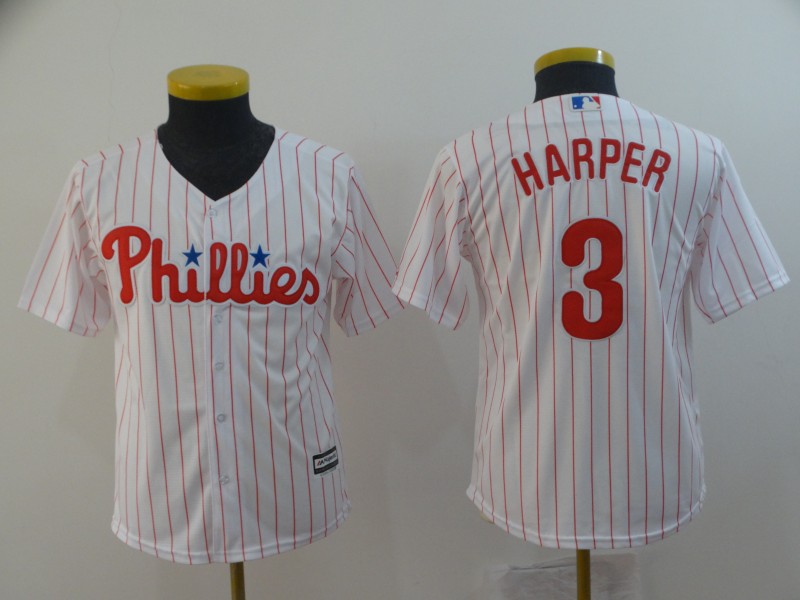 Youth Phillies 3 Bryce Harper White Youth Cool Base Jersey