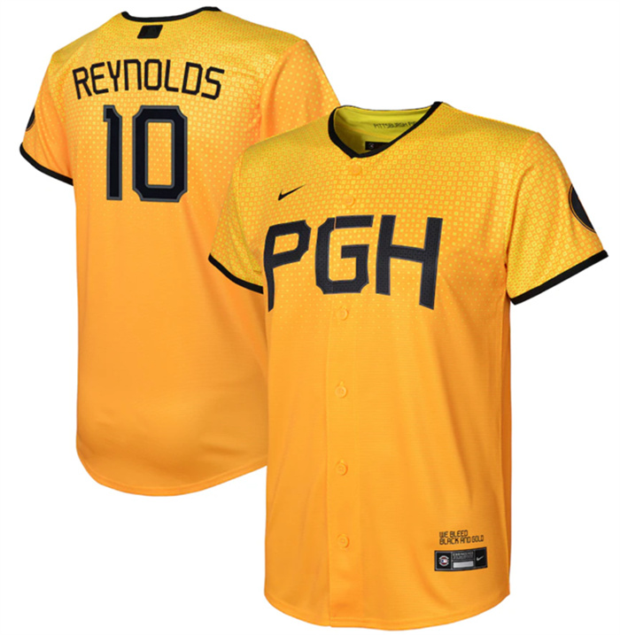Youth Pittsburgh Pirates #10 Bryan Reynolds Gold 2023 City Connect Stitched Jersey Youth Pittsburgh Pirates #10 Bryan Reynolds Gold 2023 City Connect Stitched Jersey