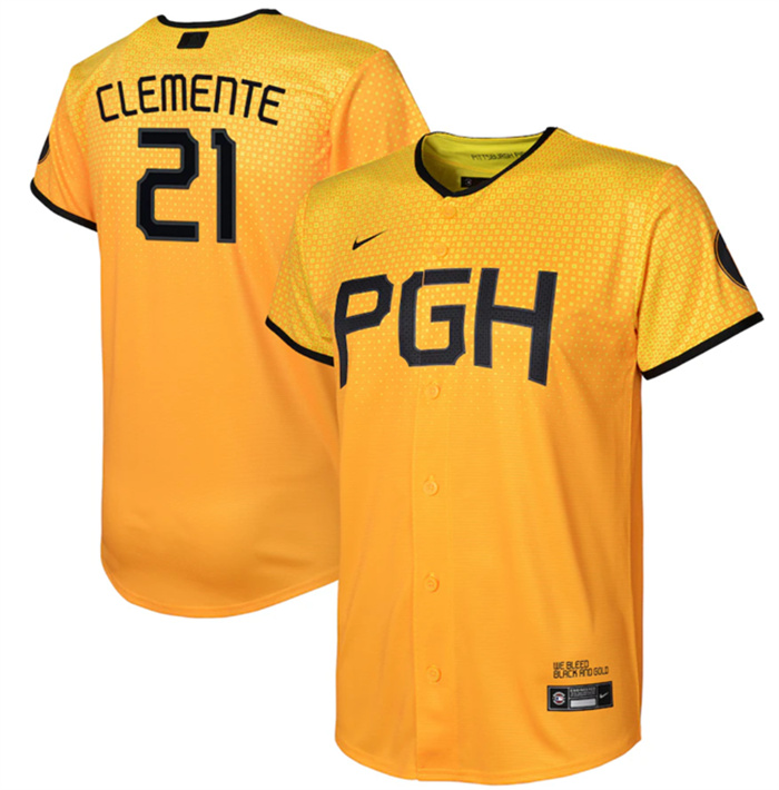Youth Pittsburgh Pirates #21 Roberto Clemente Gold 2023 City Connect Stitched Jersey Youth Pittsburgh Pirates #21 Roberto Clemente Gold 2023 City Connect Stitched Jersey