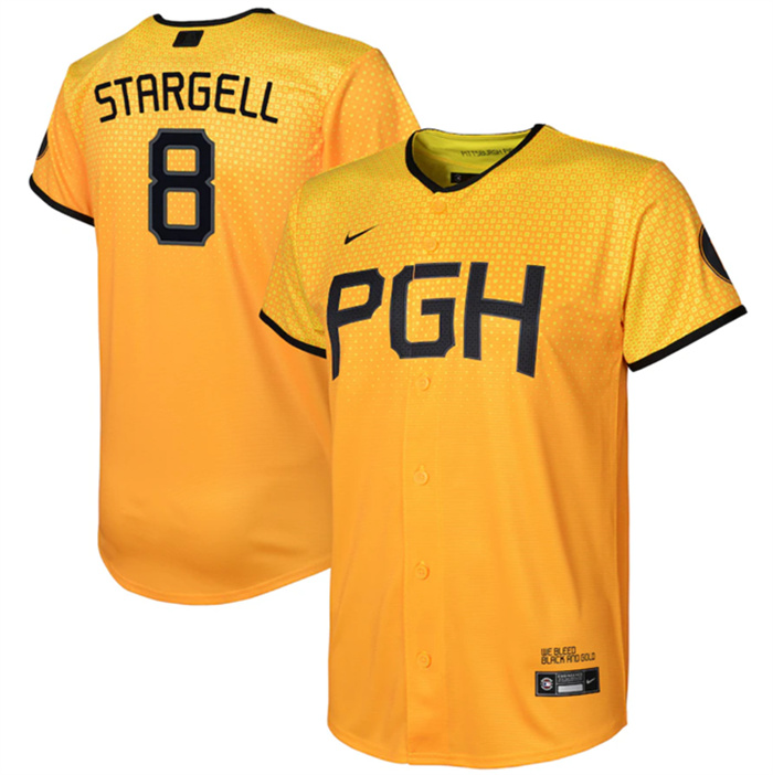 Youth Pittsburgh Pirates #8 Willie Stargell Gold 2023 City Connect Stitched Jersey Youth Pittsburgh Pirates #8 Willie Stargell Gold 2023 City Connect Stitched Jersey