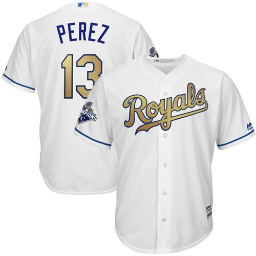 Youth Royals #13 Salvador Perez White 2015 World Series Champions Gold Program Cool Base Stitched MLB Jersey Youth Royals #13 Salvador Perez White 2015 World Series Champions Gold Program Cool Base Stitched MLB Jersey