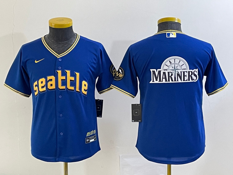 Youth Seattle Mariners Royal 2023 City Connect Team Big Logo Stitched Baseball Jersey Youth Seattle Mariners Royal 2023 City Connect Team Big Logo Stitched Baseball Jersey