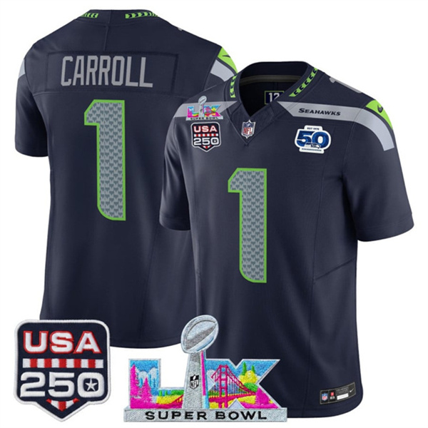 Youth Seattle Seahawks #1 Pete Carroll Navy 2025 F.U.S.E. Super Bowl LX Patch And 50th Season & USA 250' Patch Vapor Limited Stitched Football Jersey