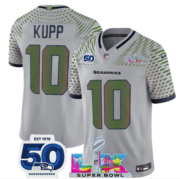 Youth Seattle Seahawks #10 Cooper Kupp Grey 2025 F.U.S.E. Super Bowl LX Patch And 50th Season Patch “Rivalries” Vapor Limited Stitched Football Jersey