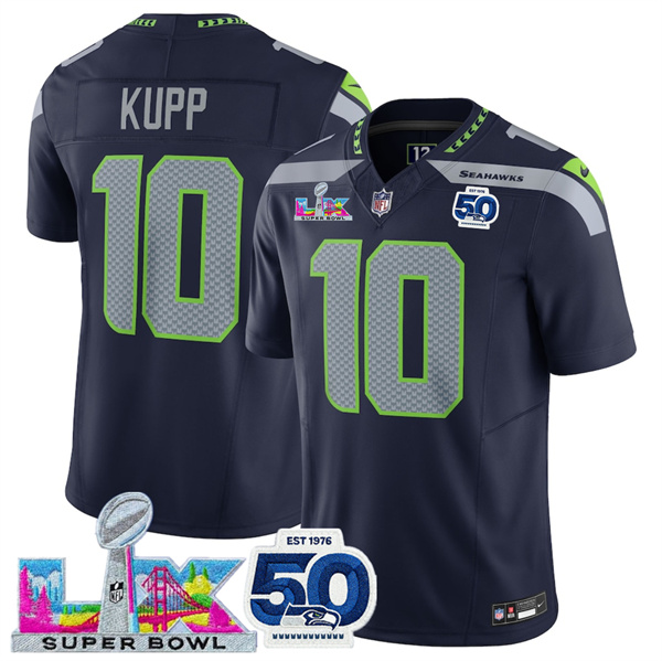 Youth Seattle Seahawks #10 Cooper Kupp Navy 2025 F.U.S.E. Super Bowl LX Patch And 50th Season Patch Vapor Limited Stitched Football Jersey