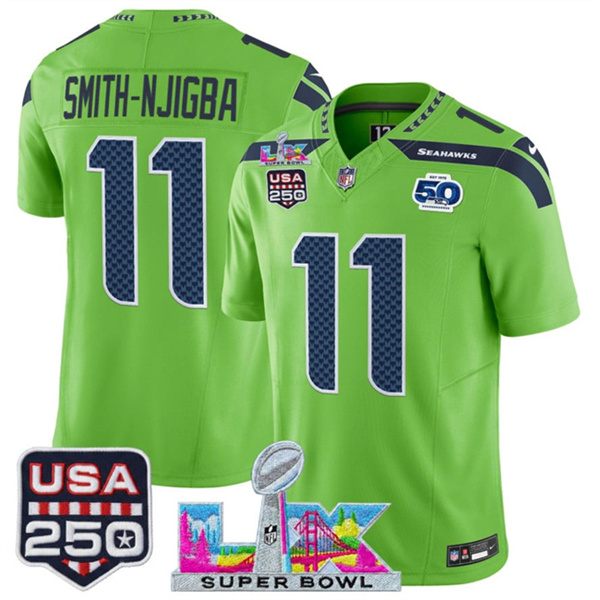 Youth Seattle Seahawks #11 Jaxon Smith-Njigba Green 2025 F.U.S.E. Super Bowl LX Patch And 50th Season & USA 250' Patch Vapor Limited Stitched Football Jersey