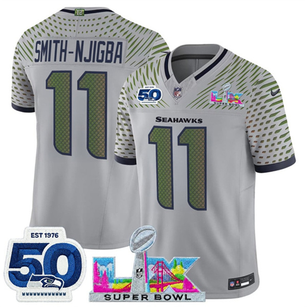 Youth Seattle Seahawks #11 Jaxon Smith-Njigba Grey 2025 F.U.S.E. Super Bowl LX Patch And 50th Season Patch “Rivalries” Vapor Limited Stitched Football Jersey