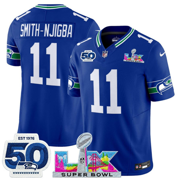 Youth Seattle Seahawks #11 Jaxon Smith-Njigba Royal 2025 F.U.S.E. Super Bowl LX Patch And 50th Season Patch Vapor Throwback Limited Stitched Football Jersey