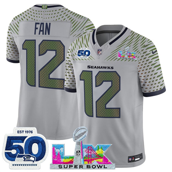 Youth Seattle Seahawks #12 Fan Grey 2025 F.U.S.E. Super Bowl LX Patch And 50th Season Patch “Rivalries” Vapor Limited Stitched Football Jersey