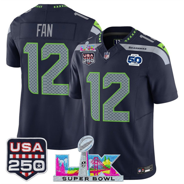Youth Seattle Seahawks #12 Fan Navy 2025 F.U.S.E. Super Bowl LX Patch And 50th Season Patch Vapor Limited Stitched Football Jersey