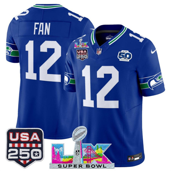 Youth Seattle Seahawks #12 Fan Royal 2025 F.U.S.E. Super Bowl LX Patch And 50th Season & USA 250' Patch Vapor Throwback Limited Stitched Football Jersey