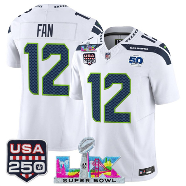 Youth Seattle Seahawks #12 Fan White 2025 F.U.S.E. Super Bowl LX Patch And 50th Season Patch Vapor Limited Stitched Football Jersey