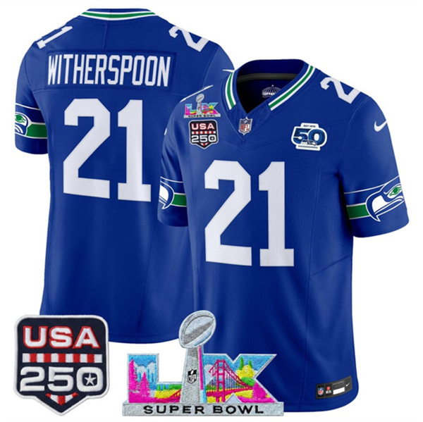 Youth Seattle Seahawks #21 Devon Witherspoon Royal 2025 F.U.S.E. Super Bowl LX Patch And 50th Season & USA 250' Patch Vapor Throwback Limited Stitched Football Jersey