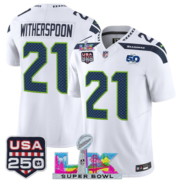 Youth Seattle Seahawks #21 Devon Witherspoon White 2025 F.U.S.E. Super Bowl LX Patch And 50th Season & USA 250' Patch Vapor Limited Stitched Football Jersey
