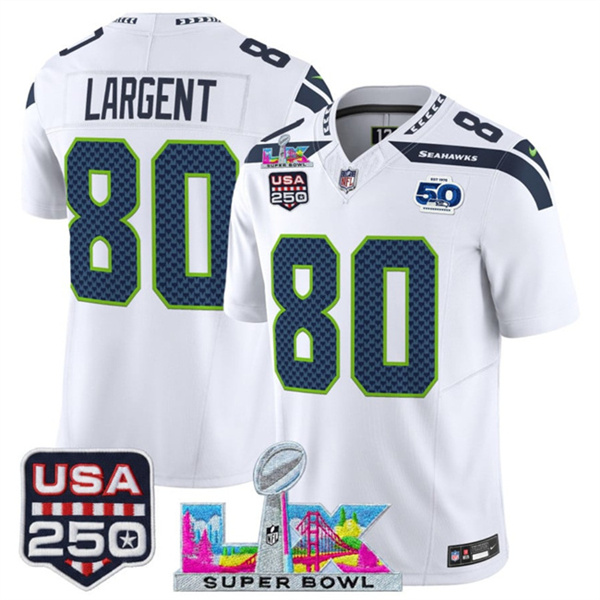 Youth Seattle Seahawks #80 Steve Largent White 2025 F.U.S.E. Super Bowl LX Patch And 50th Season & USA 250' Patch Vapor Limited Stitched Football Jersey