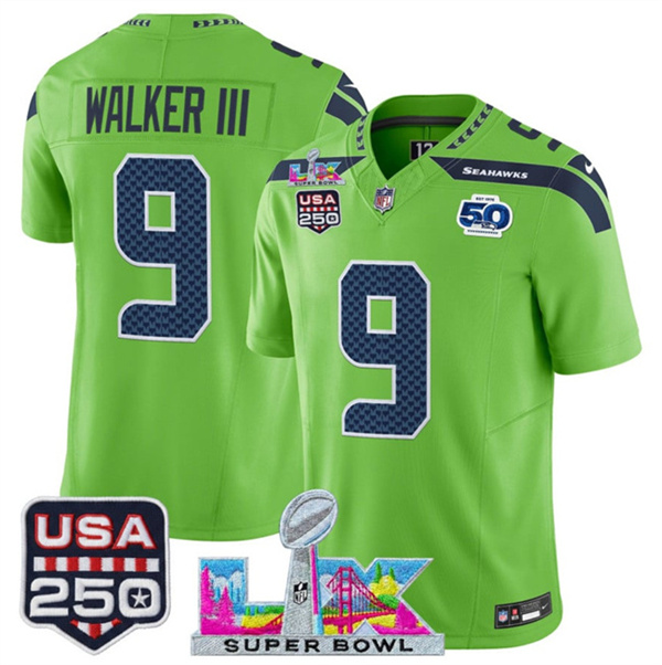 Youth Seattle Seahawks #9 Kenneth Walker III Green 2025 F.U.S.E. Super Bowl LX Patch And 50th Season & USA 250' Patch Vapor Limited Stitched Football Jersey