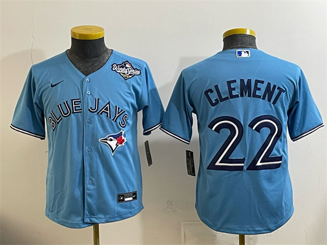 Youth Toronto Blue Jays #22 Ernie Clement Blue 2025 World Series Cool Base Stitched Baseball Jersey Youth Toronto Blue Jays #22 Ernie Clement Blue 2025 World Series Cool Base Stitched Baseball Jersey